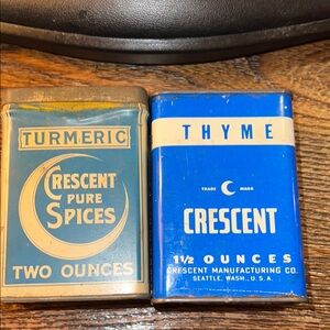 Antique & vintage Crescent Pure Spices Turmeric and Thyme Metal tins Seattle